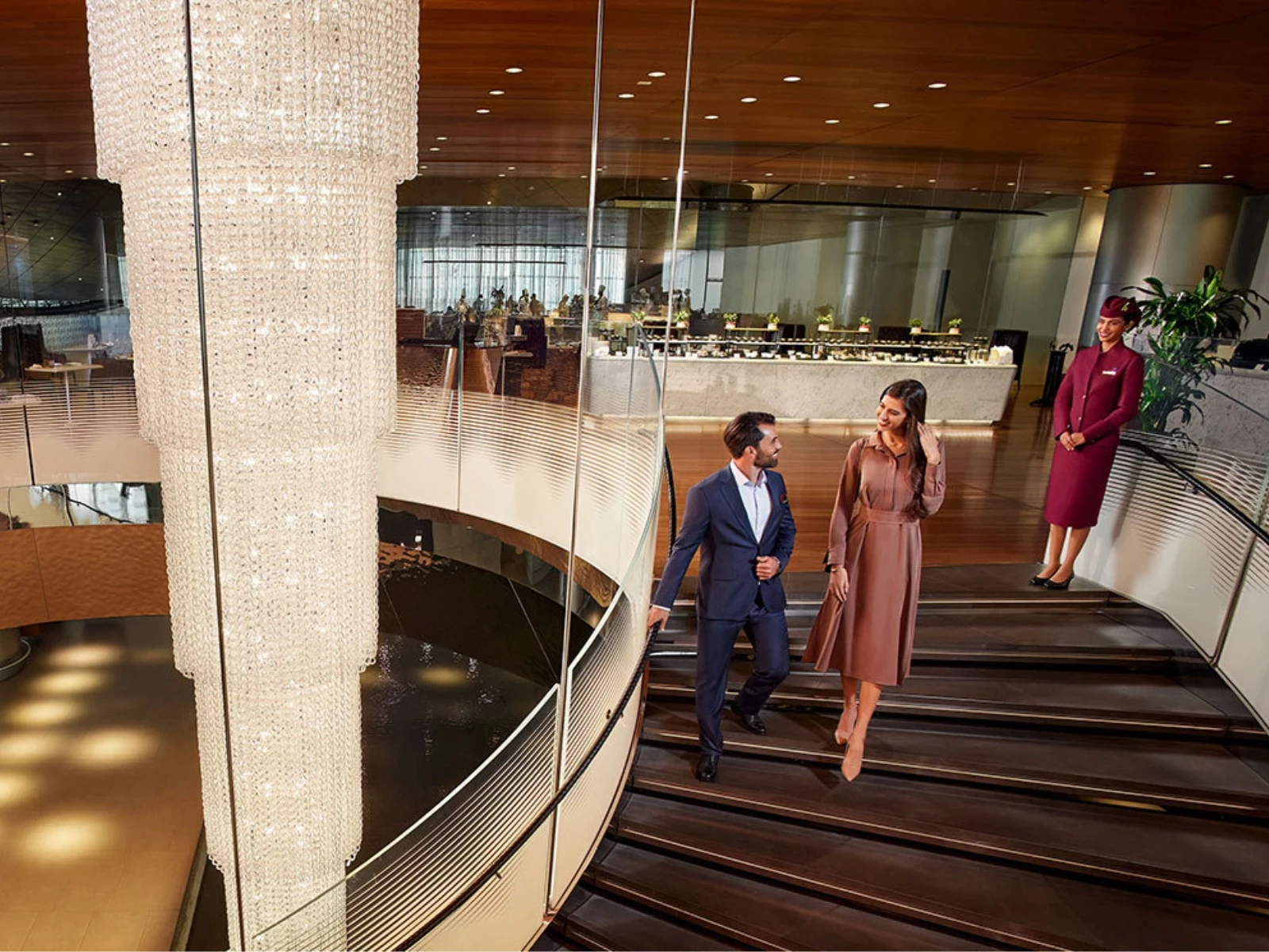 Al Mourjan Business Lounge spiral staircase and water feature