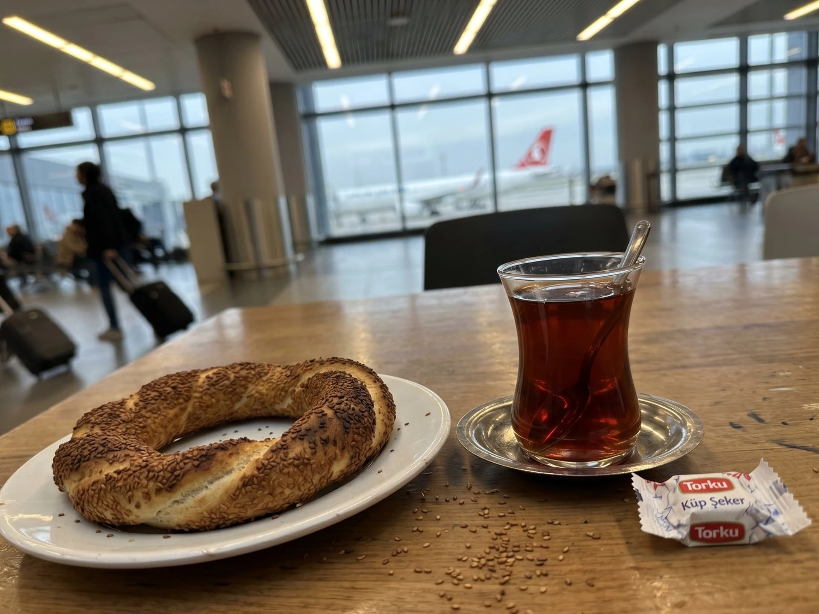 Simit and Turkish tea in tulip glass