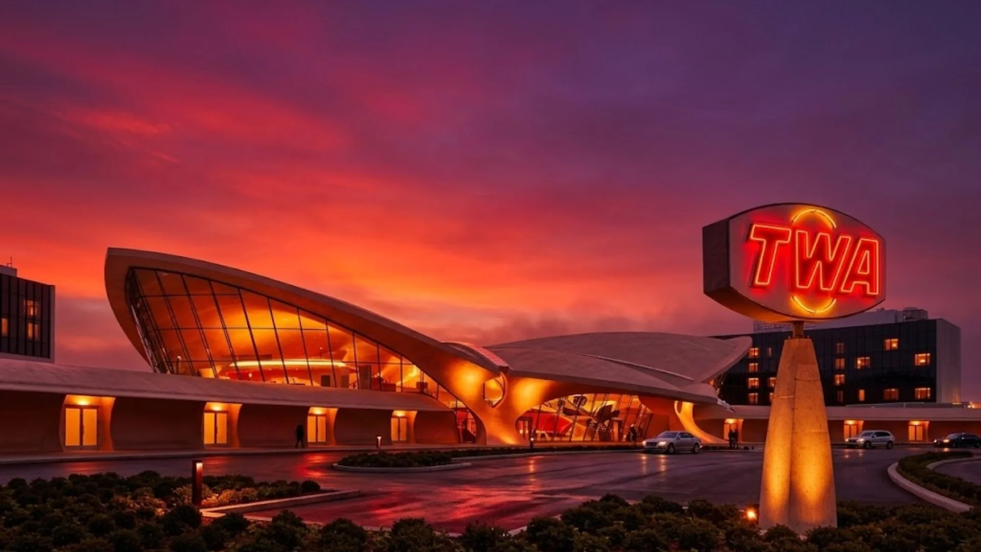 TWA Hotel exterior at dusk, concrete wings against a red sky, neon TWA sign glowing