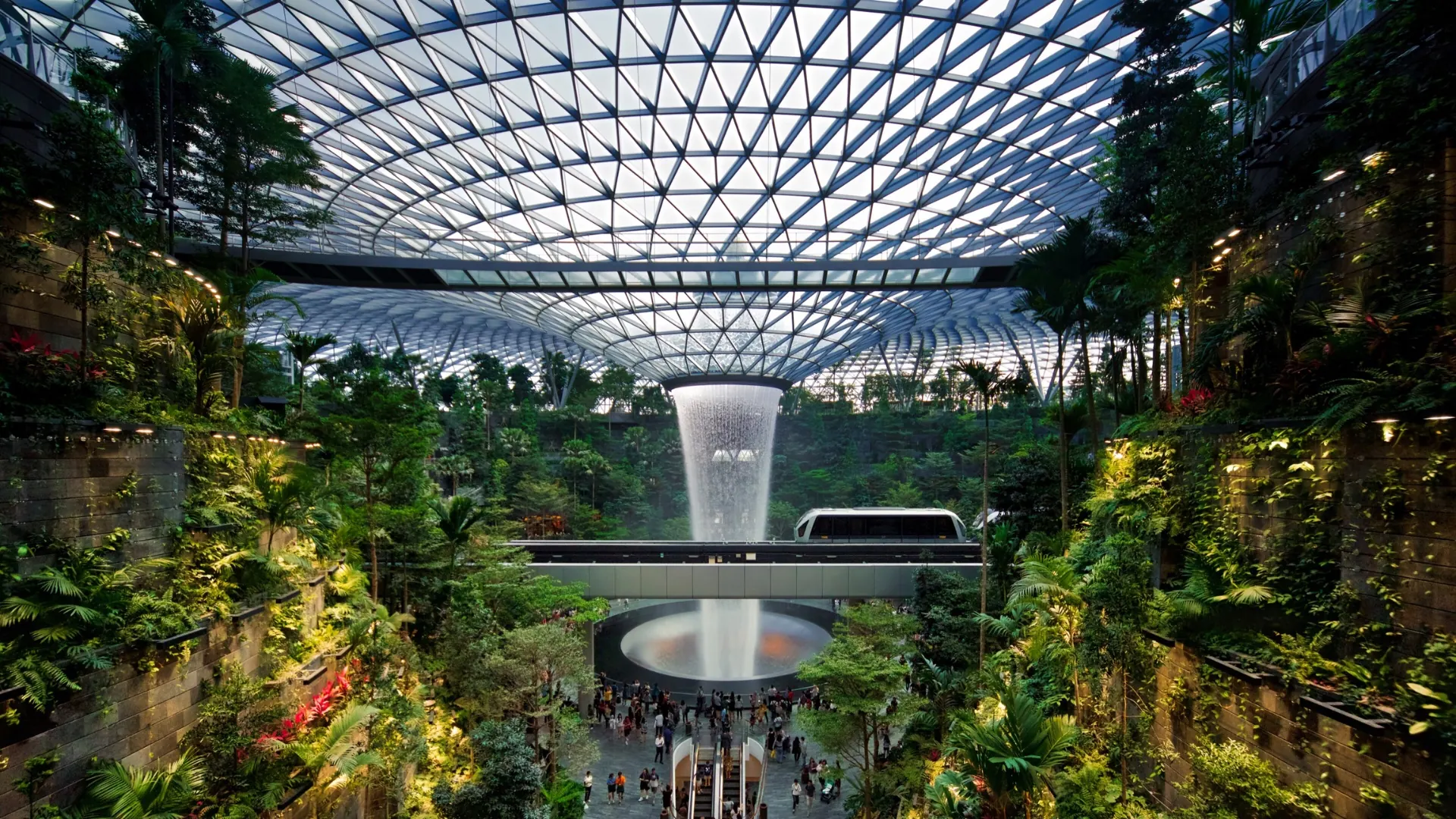 Rain Vortex waterfall light show at Changi Jewel at night